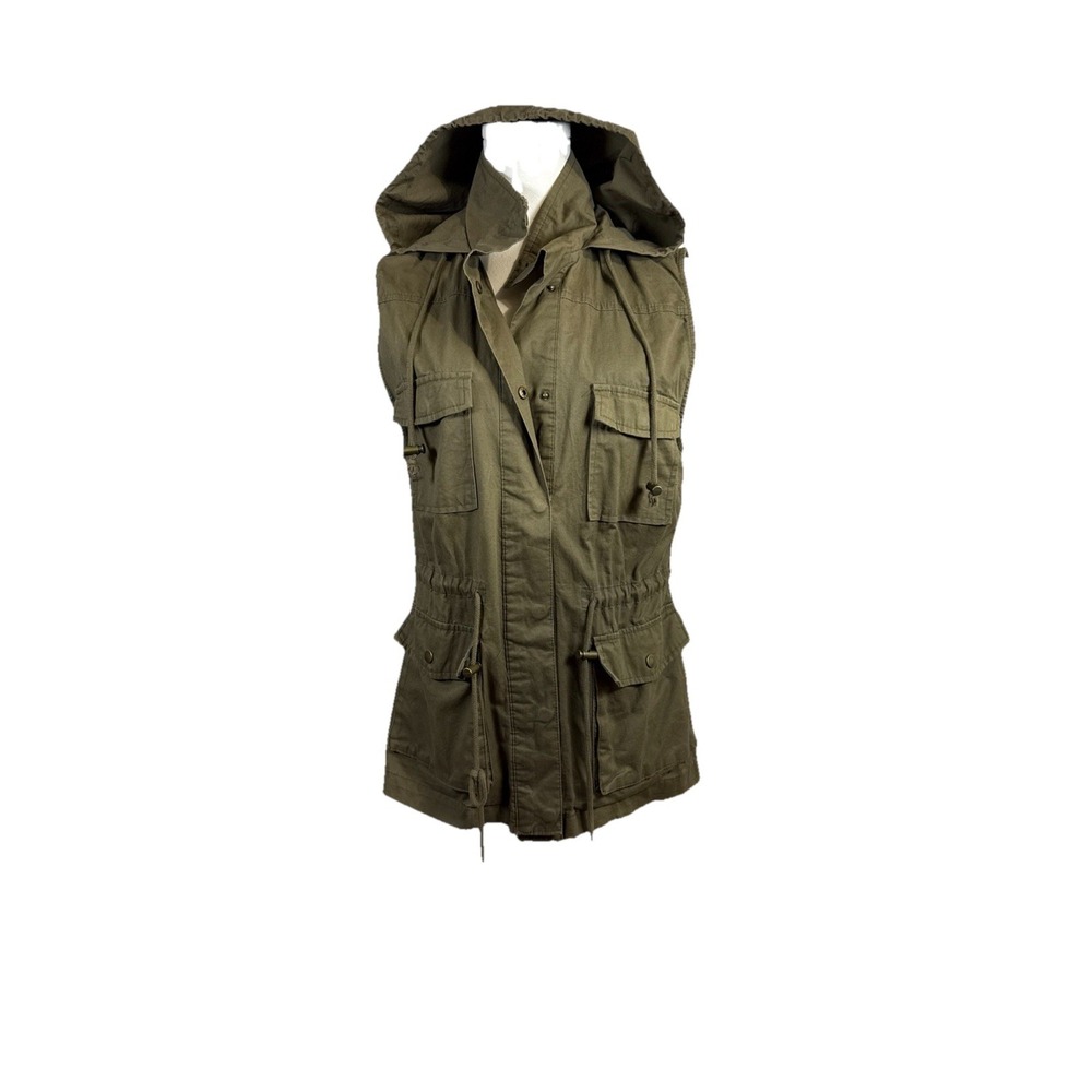 Women's Love Tree Khaki Green Hood Ed Sleeveless Utility Vest Drawstring  Size M